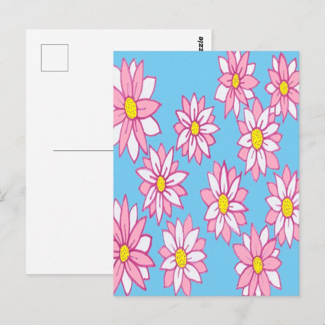 Rosa Vit och blå Blommigt Vykort (Fram/baksida)
