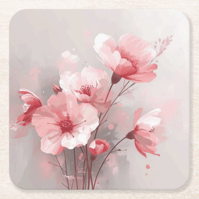Rosa, vit och grå blommig underlägg papper kvadrat (Framsidan)