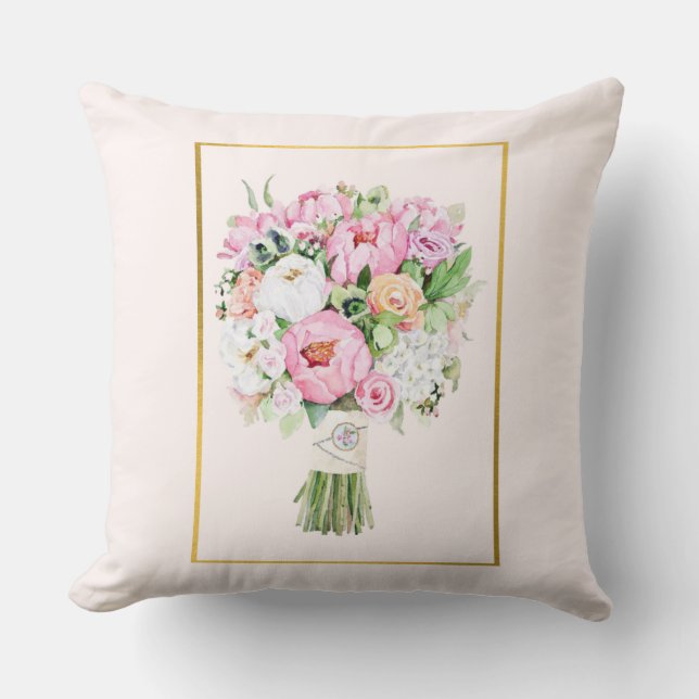 Rosa, vit och grön blomsterbukett kastkudde kudde (Framsida)