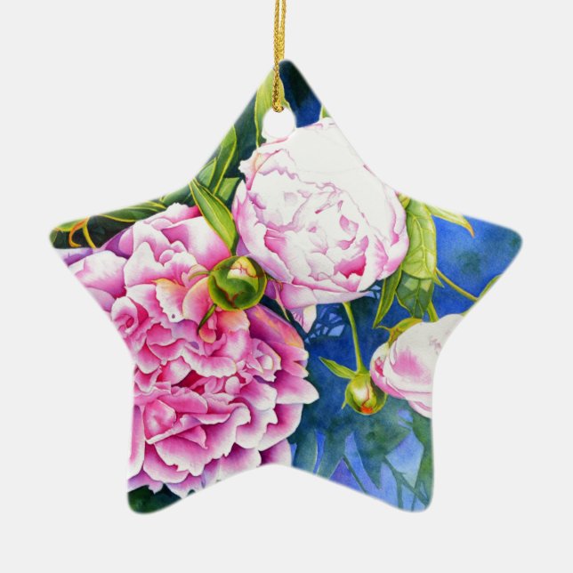 Rosa, vit peonmålning | romantisk blommigt julgransprydnad keramik (Framsidan)