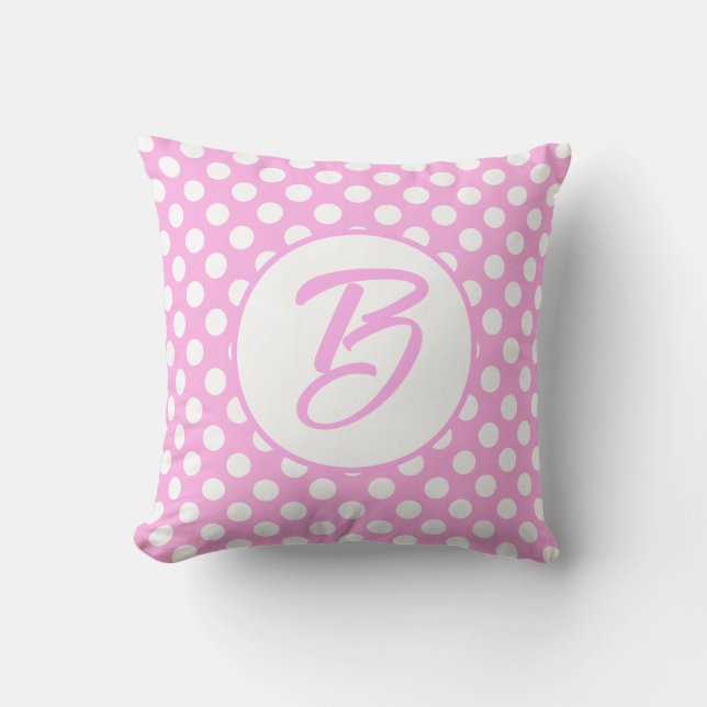 Rosa vit polka dots monogrammerad kudde (Framsida)