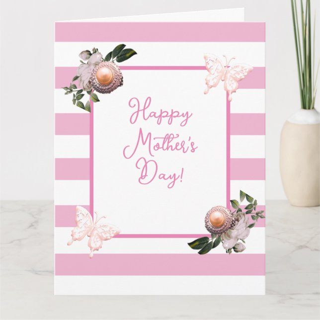 Rosa & Vit Randig Blommig Pärl Mors Dag Kort (Framsida)