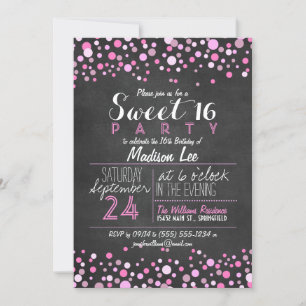 Rosa & vit Retro Chalkboard Sweet 16 Party Inbjudningar
