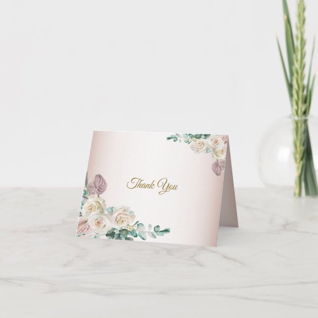 Rosa vit ros akvarell grönska bröllop tack kort (Framsida)