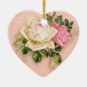 Rosa & Vit ros Blommigt Bouquet Julgransprydnad Keramik