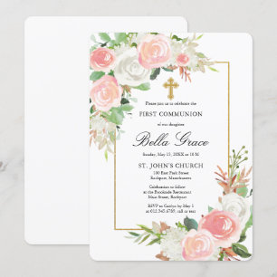 Rosa Vit ros Blommigt First Heliga Communion Invit Inbjudningar