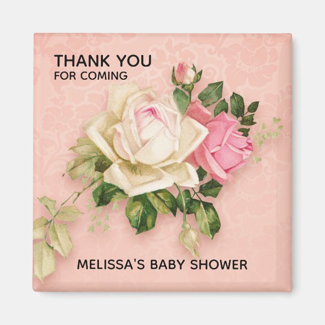 Rosa & Vit ros Bouquet Baby Shower Magnet (Framsidan)