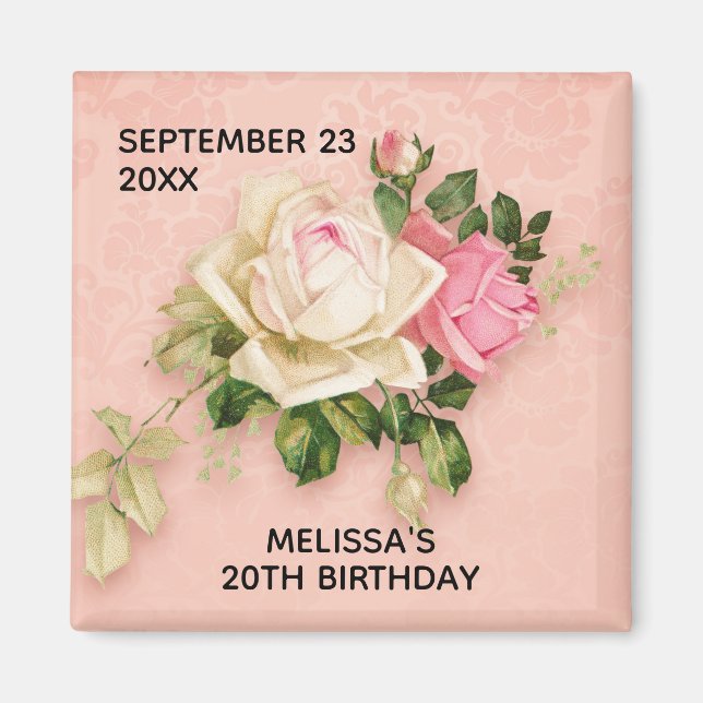 Rosa & Vit ros Bouquet Birthday Magnet (Framsidan)