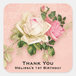 Rosa & Vit ros Bouquet Birthday Square Sticker Fyrkantigt Klistermärke