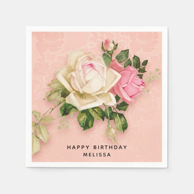 Rosa & Vit ros Bouquet Elegant Birthday Pappersservett (Framsidan)