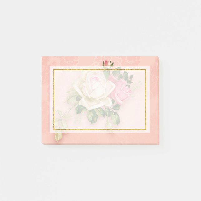 Rosa & Vit ros Bouquet Post-it Block (Framsida)