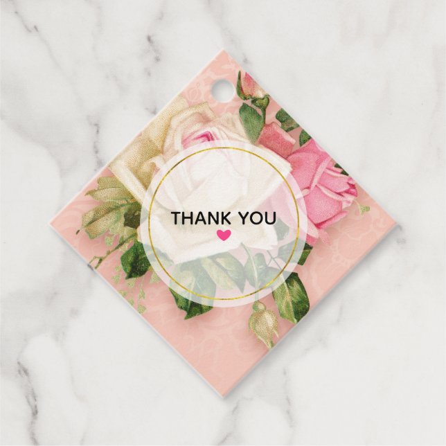 Rosa & Vit ros Bouquet Tack Gåvor Etiketter (Framsida)