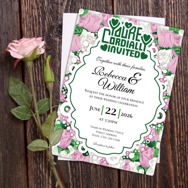 Rosa & Vit Ros Bröllopsinbjudan - Gröna Bokstäver  Inbjudningar (Pink and White rose background with decorative border wedding invite design with green heading)