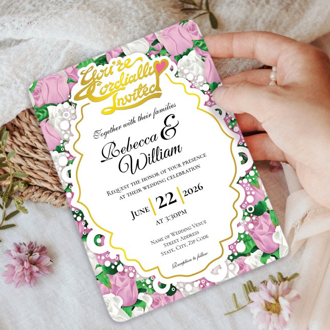 Rosa & Vit Ros Bröllopsinbjudan - Guld Bokstäver 2 Inbjudningar (Pink and White rose background with decorative border wedding invite design with gold heading)