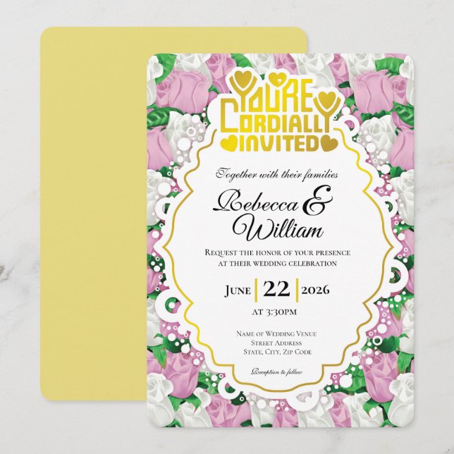 Rosa & Vit Ros Bröllopsinbjudan - Guld Bokstäver 4 Inbjudningar (Fram/baksida)