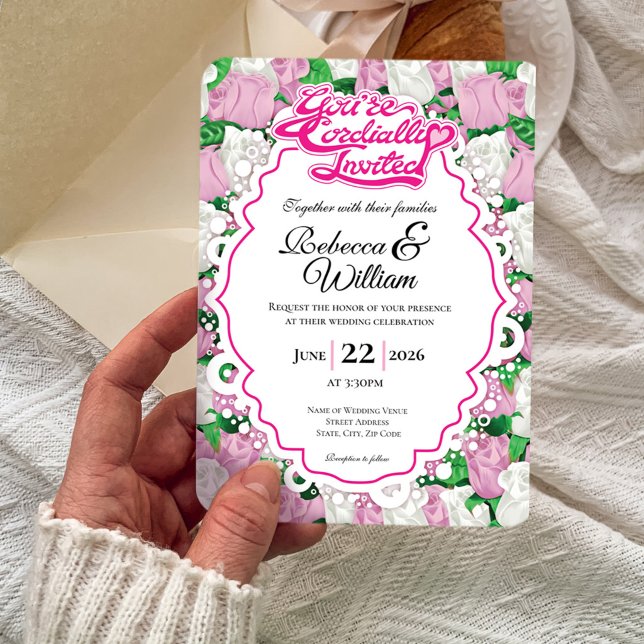 Rosa & Vit Ros Bröllopsinbjudan - Rosa Bokstäver 1 Inbjudningar (Pink and White rose background with decorative border wedding invite design with pink heading)
