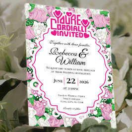 Rosa & Vit Ros Bröllopsinbjudan - Rosa Bokstäver 4 Inbjudningar