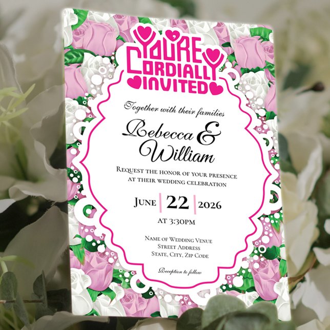 Rosa & Vit Ros Bröllopsinbjudan - Rosa Bokstäver 4 Inbjudningar (Pink and White rose background with decorative border wedding invite design with pink heading)