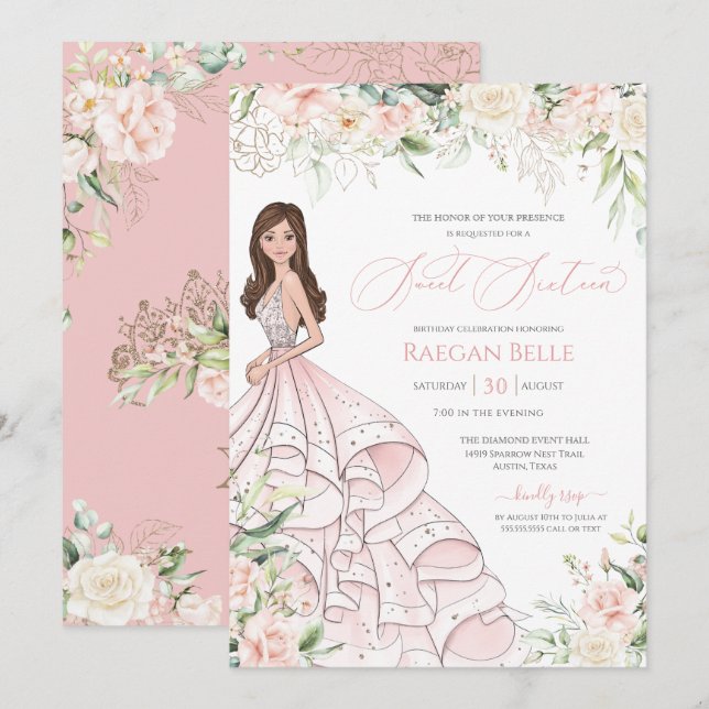  Rosa Vit ros Elegant Glam Sweet sixteen  Inbjudningar (Fram/baksida)