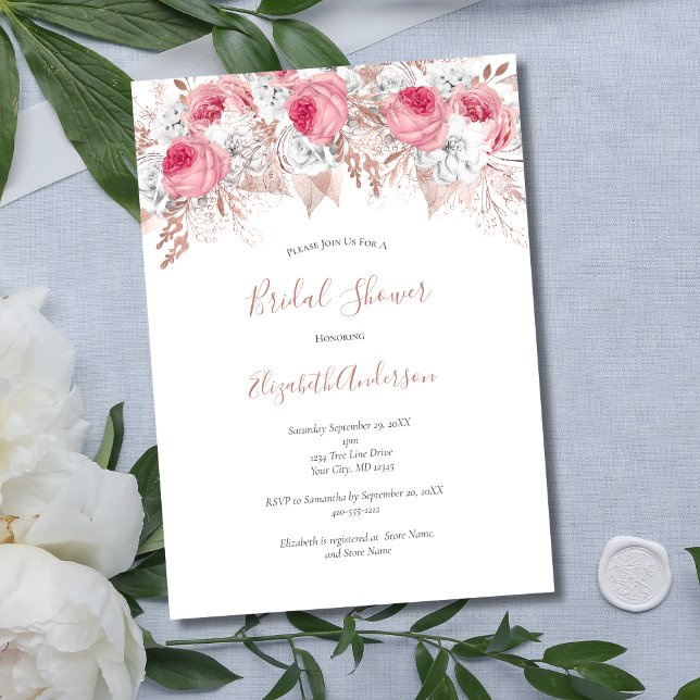 Rosa Vit ros Guld Blommigt Trendig Möhippa Inbjudningar (Pink White Rose Gold Floral Bridal Shower Invitation. Digital or Printed)