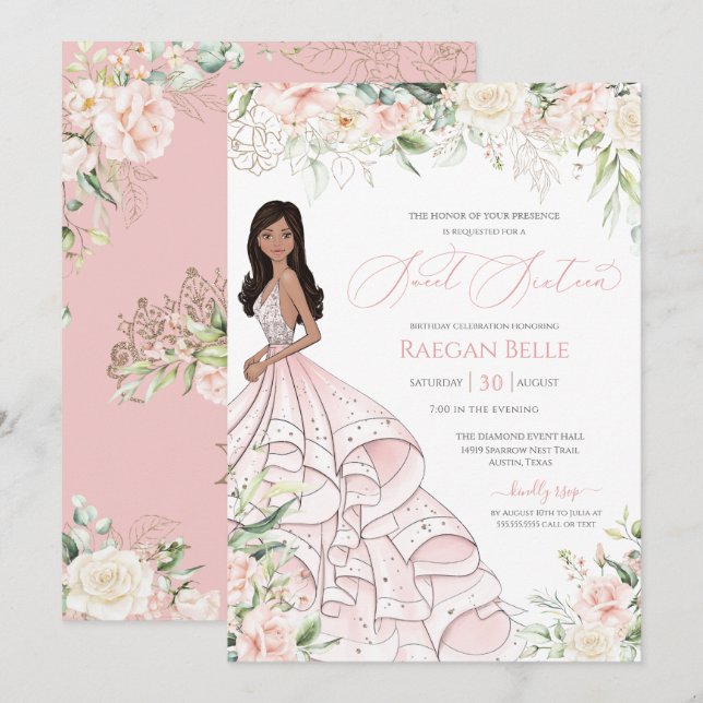  Rosa Vit ros Luxury Glam Sweet sixteen I Inbjudningar (Fram/baksida)