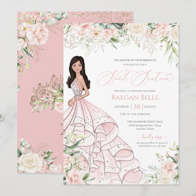 Rosa Vit ros Luxury Glam Sweet sixteen Inbjudningar (Fram/baksida)