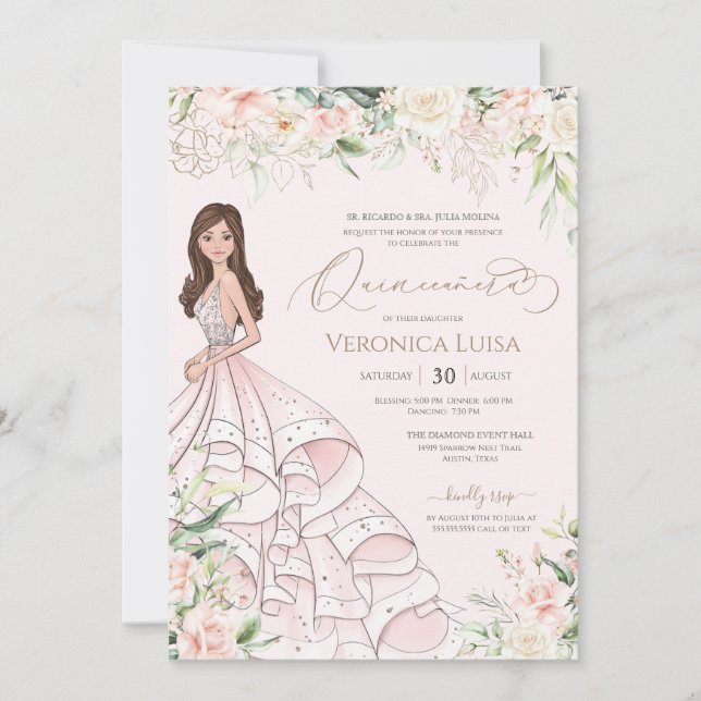  Rosa Vit ros Luxury Quince Anos Birthday Inbjudningar (Framsida)