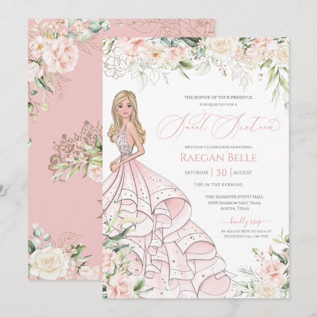  Rosa Vit ros Luxury Sweet sixteen Invit Inbjudningar (Fram/baksida)