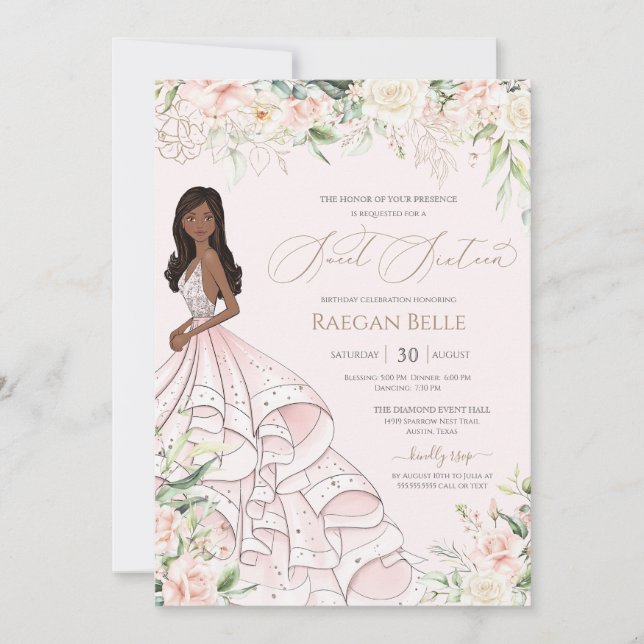  Rosa Vit ros lyxguld Sweet sixteen Inbjudningar (Framsida)