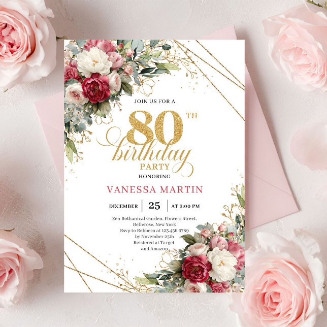 Rosa vit ros med elegant guldtrim 80-årsdag  inbjudningar (Blush white roses elegant gold trim 80th birthday invitation

)