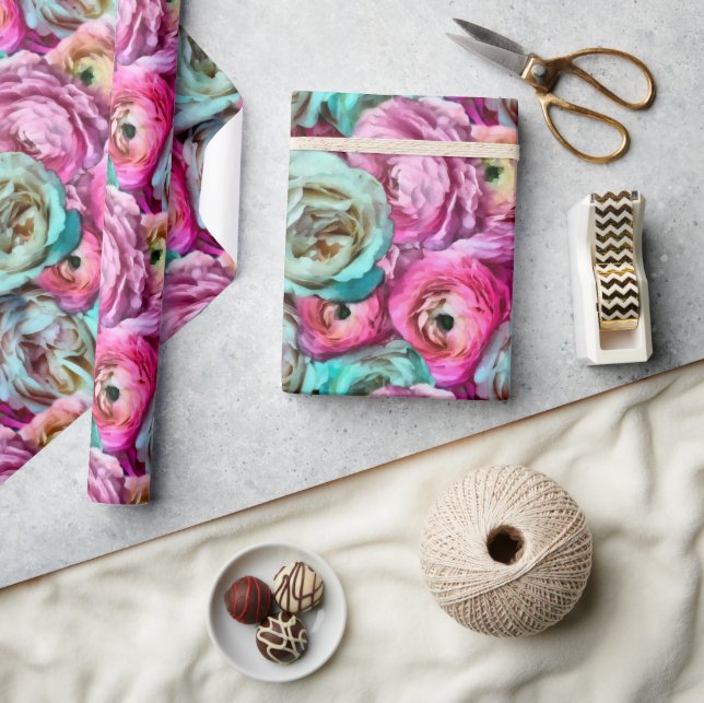 Rosa & Vit ros & Peony Flowers Presentpapper (Hantverk)