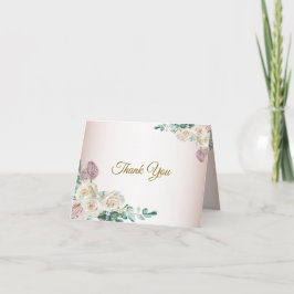 Rosa Vit ros Watercolor Greenery Bröllop Tack Kort