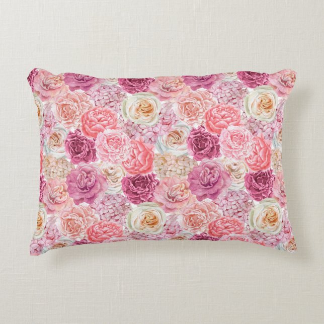 Rosa Vit Rosa Blush Magenta Blommig Blommor Prydnadskudde (Framsidan)