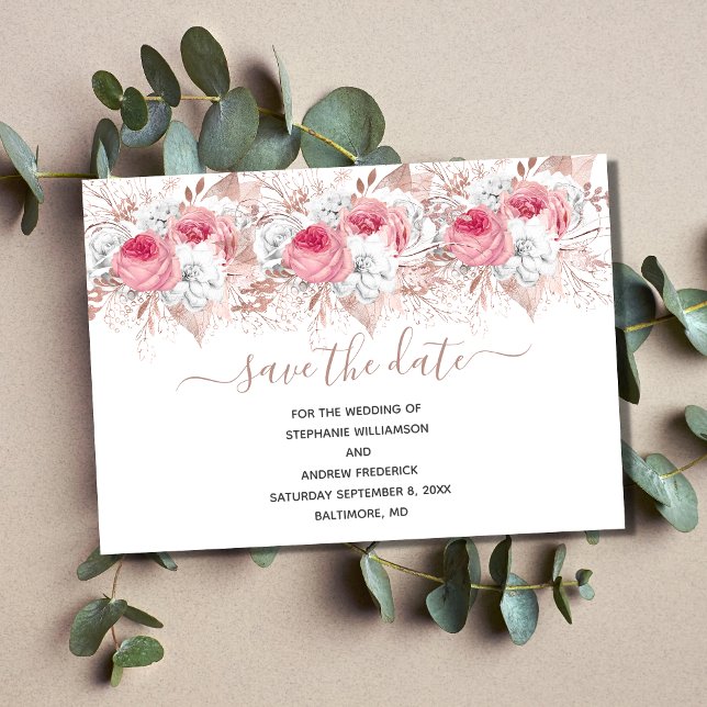 Rosa vit roséguld Blommig Bröllop Spara datum  Inbjudningar (Pink White Rose Gold Floral Wedding Save The Date Card)