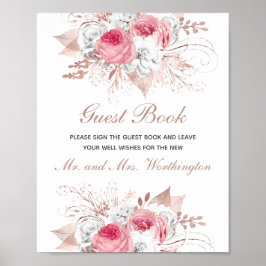 Rosa vit roséguld blommig bröllopsgästbok poster