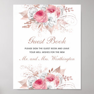 Rosa vit roséguld blommig bröllopsgästbok poster