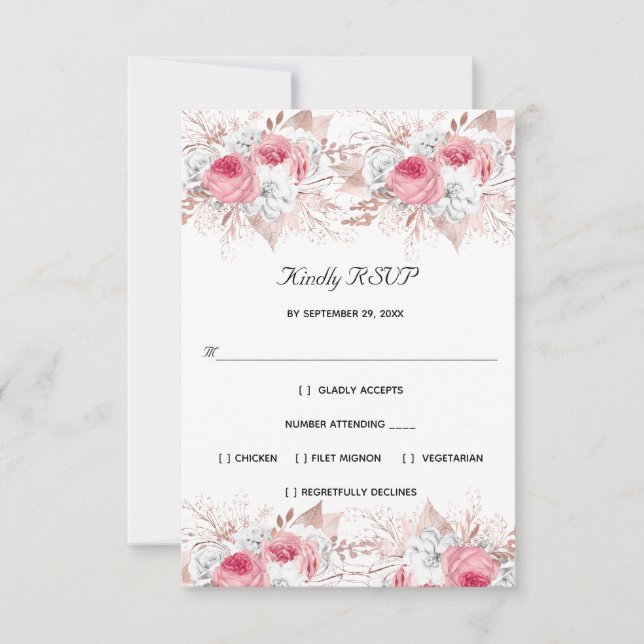 Rosa vit roséguld blommig formell elegant bröllop OSA kort (Framsida)