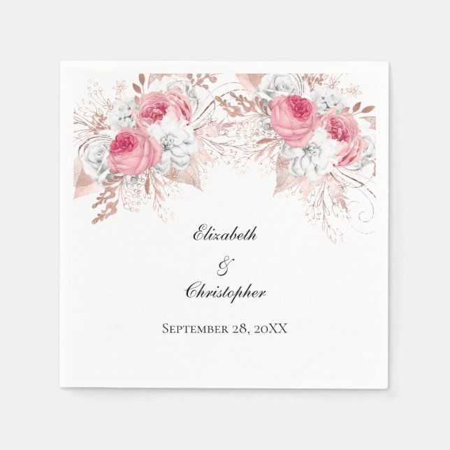 Rosa vit roséguld blomster elegant bröllop pappersservett (Framsidan)