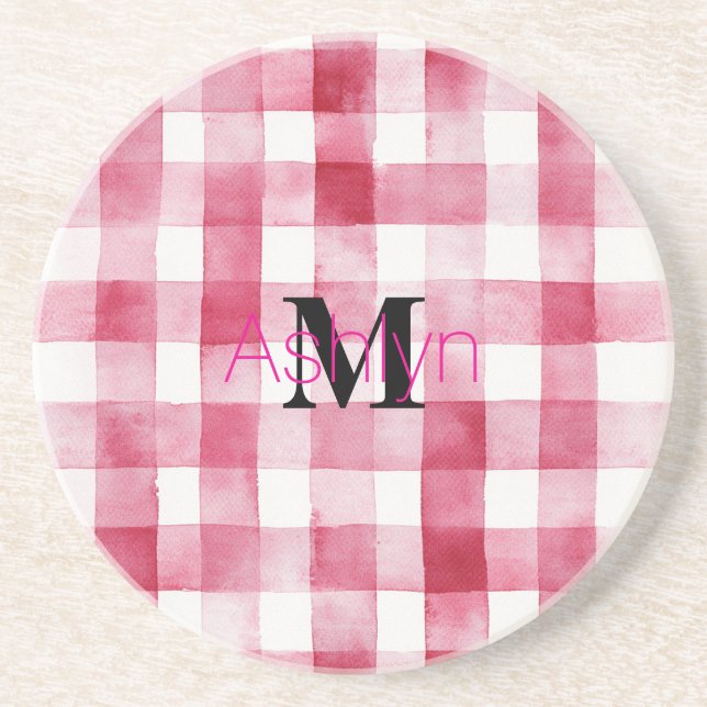 Rosa vit rutig rand monogram  underlägg (Framsidan)