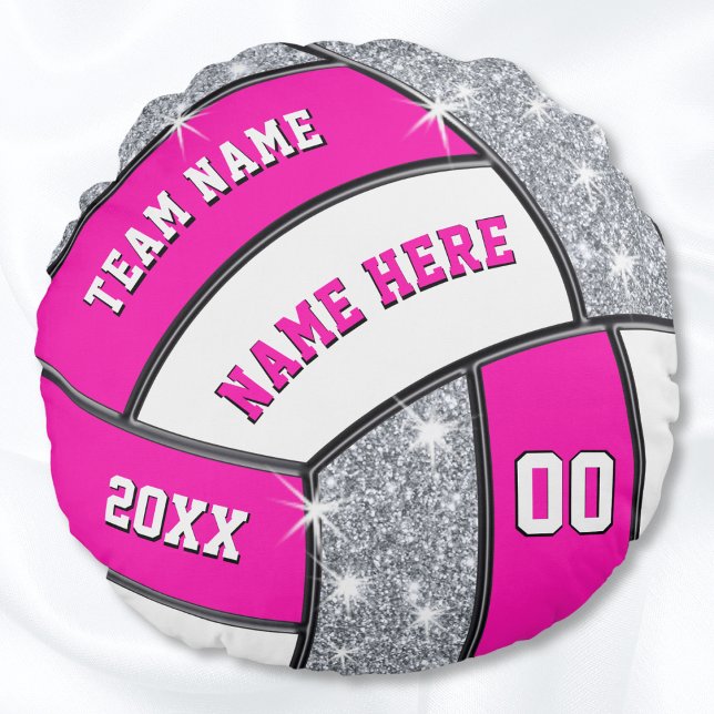 Rosa, vit, Silver Personlig Volleyball Pillow Rund Kudde (Round volleyball pillow. Pink and white volleyball pillow. Unique volleyball gifts for girls.)