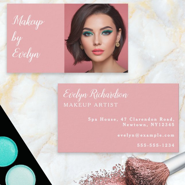 Rosa Vit Skript Foto Smink Affärs Kort (A makeup business card in blush pink with custom photo and text)