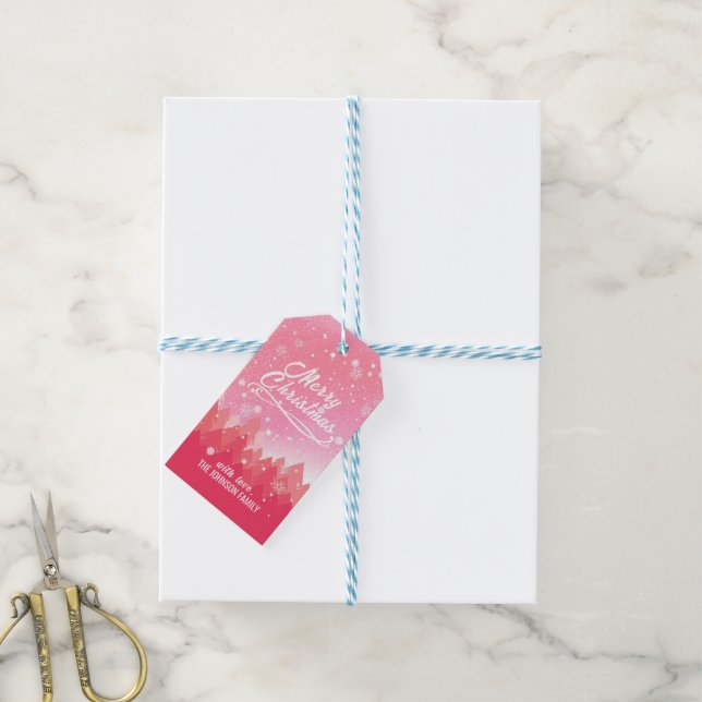 Rosa Vit Snö Fredlig Skog God Jul Presentetikett (Med Snöre)