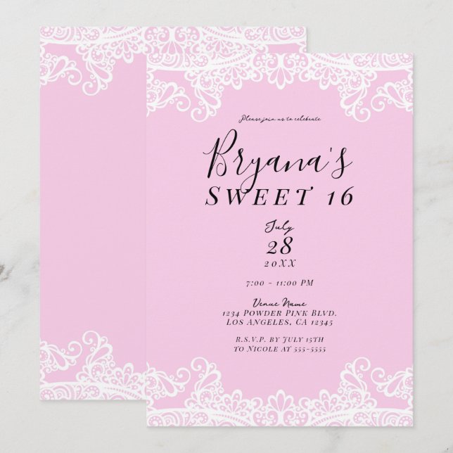 Rosa & Vit Spets Elegant Sweet 16-fest Inbjudningar (Fram/baksida)