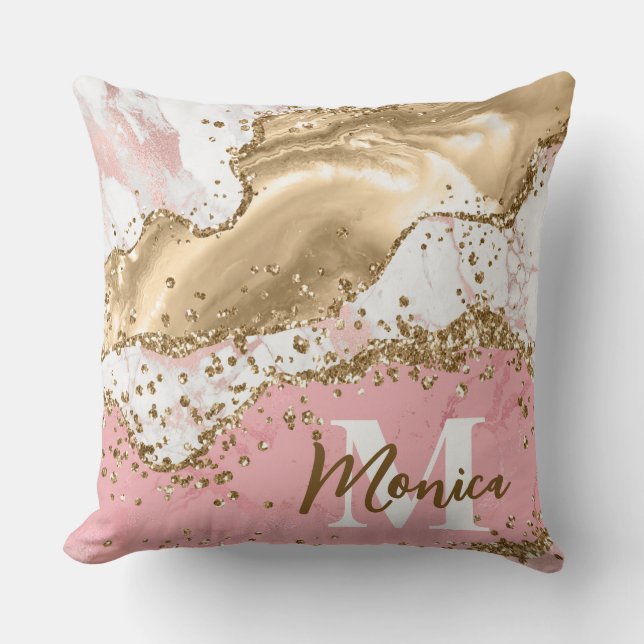 Rosa & Vit sten och guldglitter Agate Monogram Kudde (Framsida)