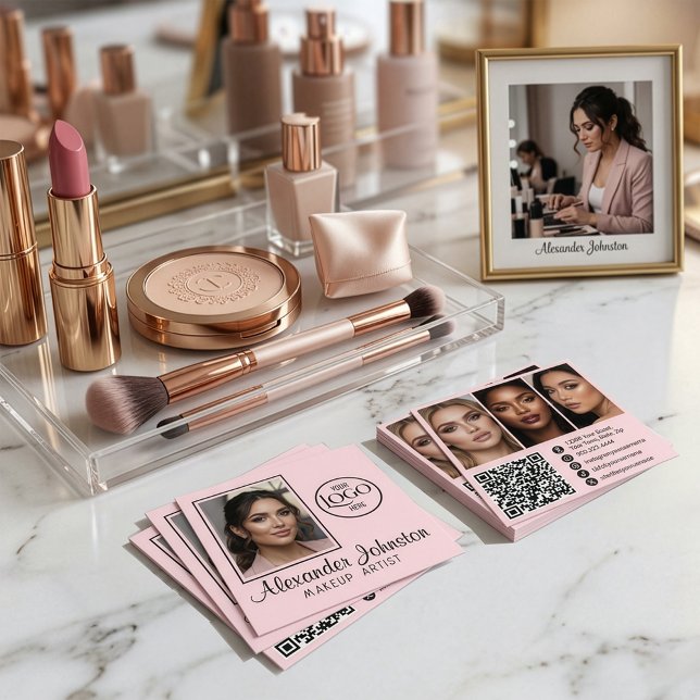 Rosa Vit & Svart Script Makeup Foto Personlig Fyrkantigt Visitkort (Pink White & Black Script Makeup Photo Personalize Square Business Card)