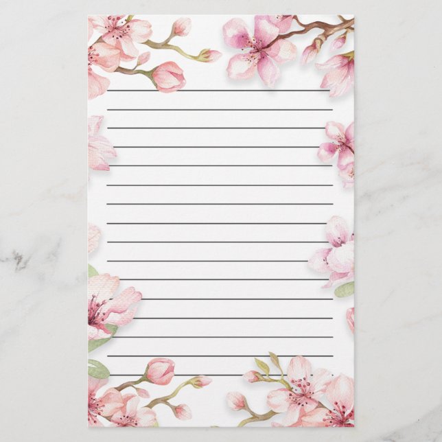 Rosa vit vårblomma linjerad brevpapper (Framsida)