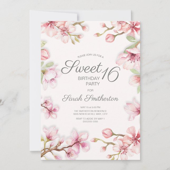 Rosa vit vårblomma Sweet 16 födelsedag Inbjudningar (Framsida)
