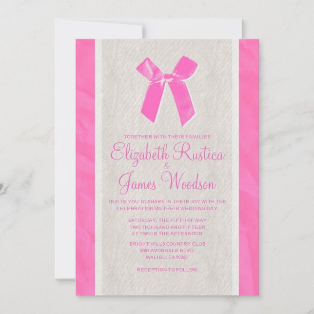 Rosa & vit Vintage Bow Linen bröllopsinbjudningar Inbjudningar (Framsida)