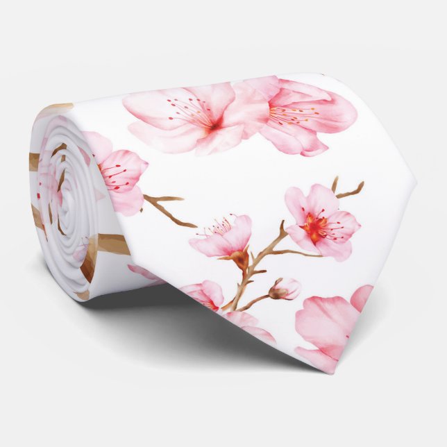 Rosa vita akvarell körsbärsblommor slips (Rullad)