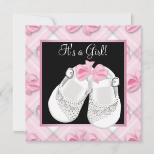 Rosa vita babyskor Rosa svart babyflicka shower Inbjudningar